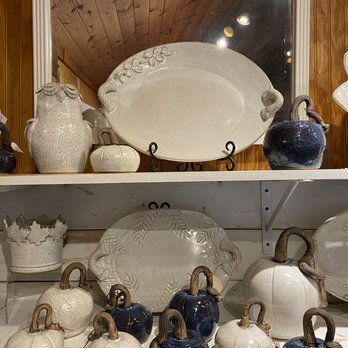Thomas Pottery - Fall display of white birch inside sales cabin - Commissioned Artists Near Me - Seagrove, North Carolina Thomas Pottery - Fall display of white birch inside sales cabin - Commissioned Artists Near Me - Seagrove, North Carolina
