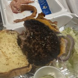 An example of the kind of food that we got. An old dilapidated burger, burnt to a crisp.