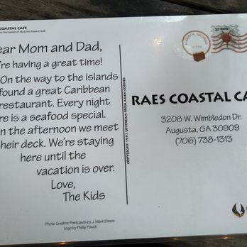 Rae's Coastal Cafe - The back of our menu - Seafood Near Me - Augusta, Georgia Rae's Coastal Cafe - The back of our menu - Seafood Near Me - Augusta, Georgia
