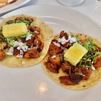 Entremar - "Al Pastor" King Fish Tacos, Onions, Cilantro, Pineapple - Mexican Near Me - México, D.F., DIF Entremar - "Al Pastor" King Fish Tacos, Onions, Cilantro, Pineapple - Mexican Near Me - México, D.F., DIF