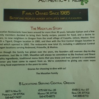 Mazatlan Mexican Restaurant - Front page of menu - Mexican Near Me - Bend, Oregon