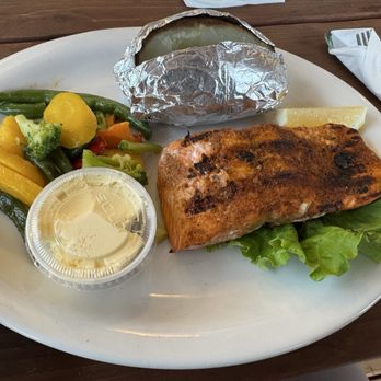 Olmedo's Patio - Blackened Salmon, baked potato and grilled veggies - Breakfast & Brunch Near Me - Garibaldi, Oregon