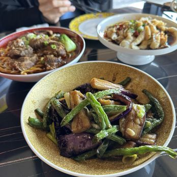 Stellar 66 - (Front) braised eggplant with green bean; (back left) spicy beef noodle soup; (back right) chicken feet - Chinese Near Me - Gilbert, Arizona