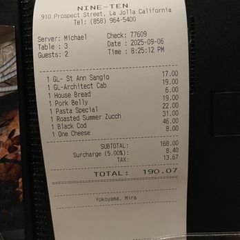 Nine-Ten - Receipt - Bars Near Me - La Jolla, California Nine-Ten - Receipt - Bars Near Me - La Jolla, California