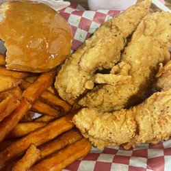 Margie's Fried Chicken - 3 piece spicy tenders with sweet potato fries and a roll.