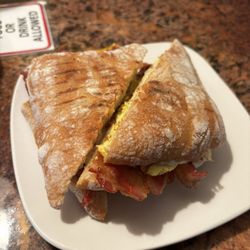 Perk Up Cafe - Bacon, egg, and cheese on ciabatta bread