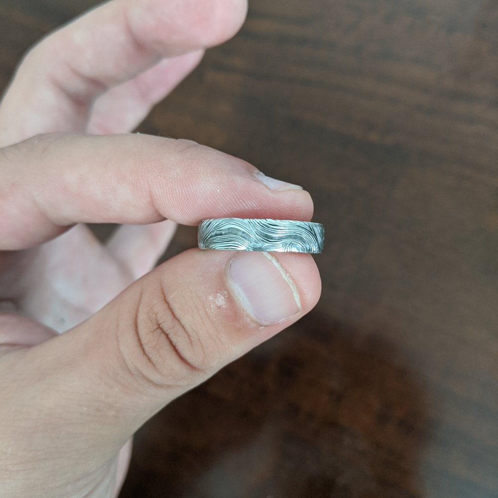 Hudson Valley Goldsmith - White gold band with hand carved "Damascus" pattern... yes, every line. - Jewelry Repair Near Me - New Paltz, New York Hudson Valley Goldsmith - White gold band with hand carved "Damascus" pattern... yes, every line. - Jewelry Repair Near Me - New Paltz, New York
