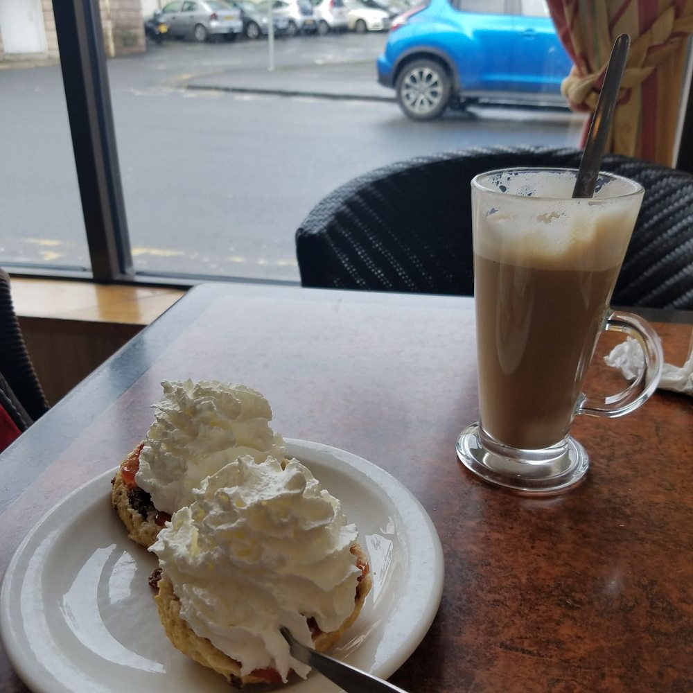 Delgrecos Cafe - Fruit scone and flat white + a CBD oil shot! And they hunted out some soya at request :) - Coffee & Tea Near Me - Saltcoats, NAY