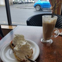 Delgrecos Cafe - Fruit scone and flat white + a CBD oil shot! And they hunted out some soya at request :)