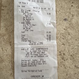 The receipt which shows tortillas instead of the chips I ordered with my pollo bowl. The receipt which shows tortillas instead of the chips I ordered with my pollo bowl.