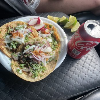Primo's Tacos - a plate of food and a can of coke - Food Trucks Near Me - Detroit, Michigan