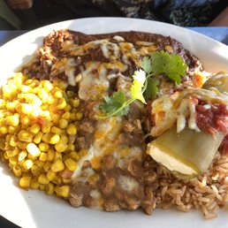 Sierra - corn, beans, cheese, chille rellano and grilled chicken enchilada Sierra - corn, beans, cheese, chille rellano and grilled chicken enchilada