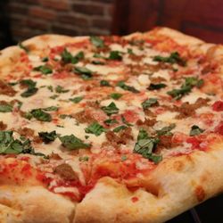 Pinky G's Pizzeria - Jackson - The Abe Froman Specialty Pizza.. Spicy Italian Sausage, Buffalo Mozzarella, Fresh Chopped Basil with Balsamic Glaze.