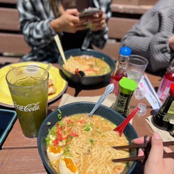 Kuma Sushi - Miso ramen with shoyu egg and chicken, and an iced matcha green tea. - Sushi Bars Near Me - Los Osos, California