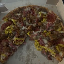 Pizza Hut - meat lovers thin crust with banana peppers  delish HOT FRESH!