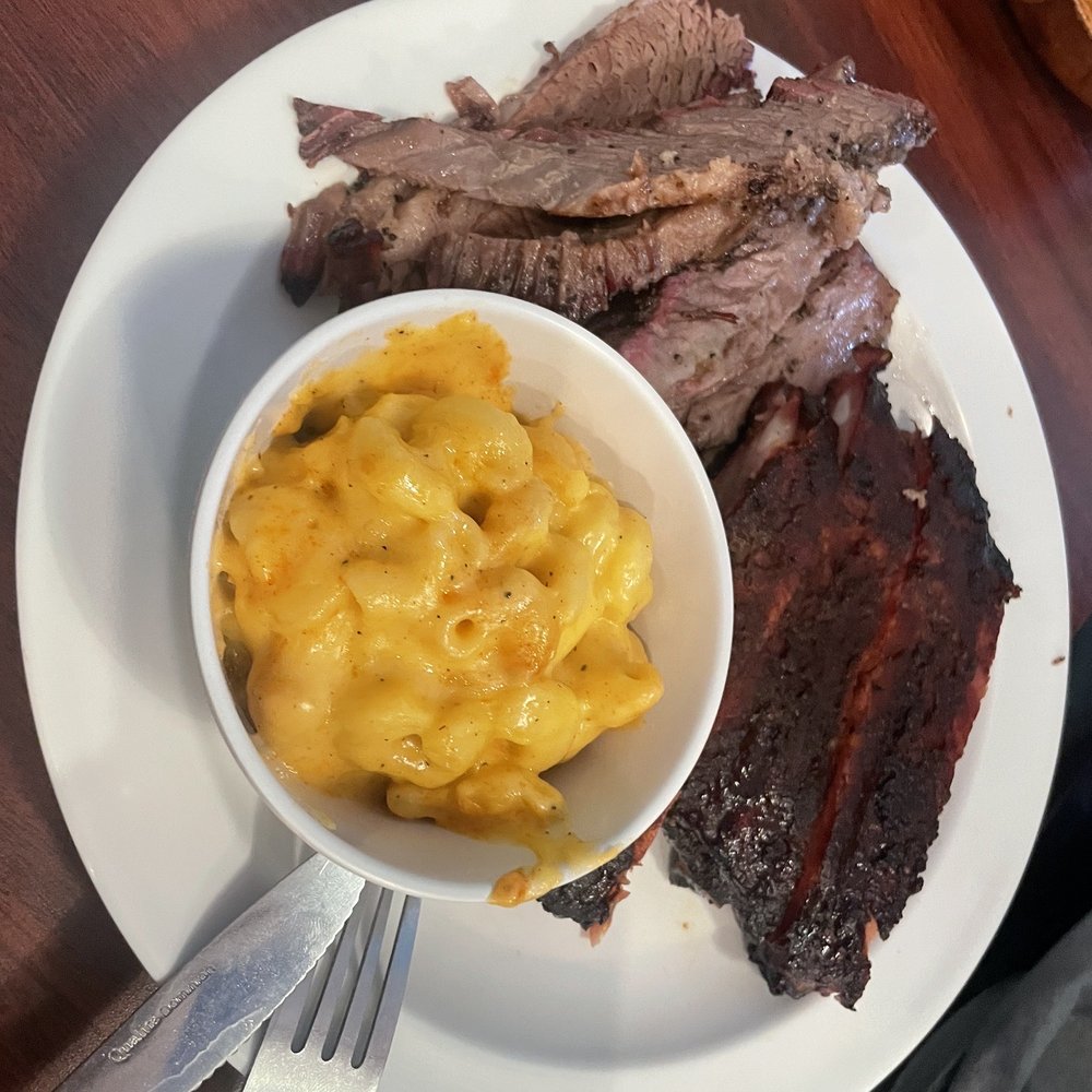 Red House BBQ - 2 meat plate / 2 sides, brisket and ribs with Mac n cheese and side of seasoned fries. So good, everything was perfect - Barbeque Near Me - Tehachapi, California Red House BBQ - 2 meat plate / 2 sides, brisket and ribs with Mac n cheese and side of seasoned fries. So good, everything was perfect - Barbeque Near Me - Tehachapi, California