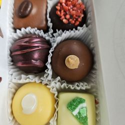 Chubby Chipmunk Hand-Dipped Chocolates - The 6 we ended up with (espresso, Raspberry Royale, lemon merengue, key lime, peanut butter, and - I think - cherry)