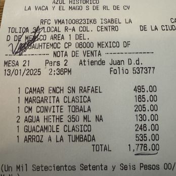 Azul - Bill for 2, in Spanish of course. :-) - Mexican Near Me - Ciudad de México, DIF