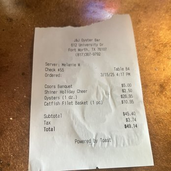 J&J Oyster Bar - Receipt for Order - Seafood Near Me - Fort Worth, Texas