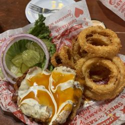 Jefferson's - Double Fried buffalo chicken sandwich with onion rings
