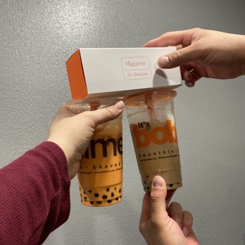It’s Boba Time - Thai tea with boba and coffee milk tee with boba and some macarons - Bubble Tea Near Me - Whittier, California