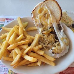 Round The Clock Diner - Round the Clock burger with cheese, sautéed onions, fries and slaw