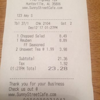 Sunny Street Cafe - Our very reasonable bill - Cafes Near Me - Madison, Alabama Sunny Street Cafe - Our very reasonable bill - Cafes Near Me - Madison, Alabama