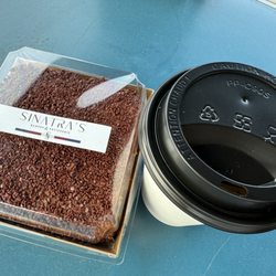 Mineiros Brazilian Bistro - Bolo de cenoura (carrot cake with brigadeiro) and flat white~