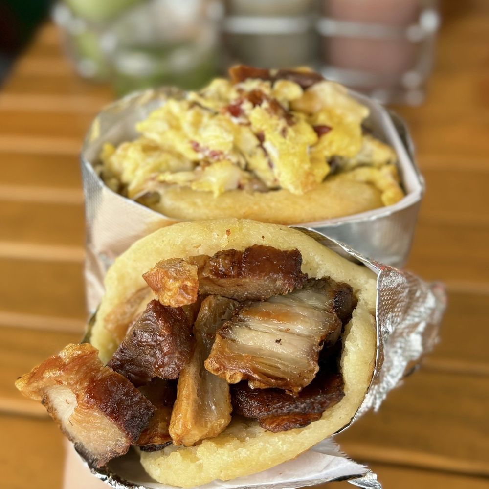 Creative Ideas Cafe - Columbian Arepas: Rellena "Chicharrón" w/ guac, fried plantain ($15) + Breakfast w/ eggs, cheese, bacon ($10) - Colombian Near Me - San Francisco, California