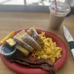 French toast with bacon & scrambled eggs and an iced latte