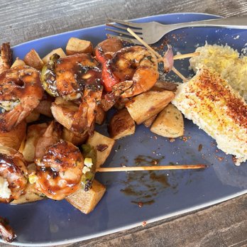 Baresco - Bbq shrimp and street corn with potatoes underneath - Mexican Near Me - Pompano Beach, Florida