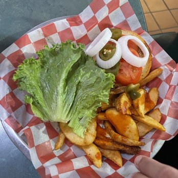 Fuddruckers - Hamburger and Fries with hot Sauce - Burgers Near Me - Corpus Christi, Texas