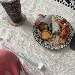 Spicy salmon hand roll, shrimp tempura roll, I forgot the other one but it was topped with crab! Spicy salmon hand roll, shrimp tempura roll, I forgot the other one but it was topped with crab!