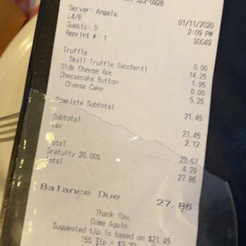 Luigi's - My receipt. Gratuity was included..I didn't know or catch it and double tipped the waitress. *i liked her! - Italian Near Me - Bakersfield, California Luigi's - My receipt. Gratuity was included..I didn't know or catch it and double tipped the waitress. *i liked her! - Italian Near Me - Bakersfield, California
