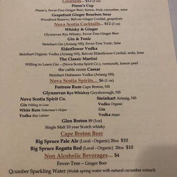 The Cable Room - Drink menu - Seafood Near Me - Baddeck, Nova Scotia