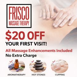 Frisco Massage Therapy - New Client Special: $20 Off Your First Visit
All massage enhancements included -- cupping, aromatherapy, hot stones & more.