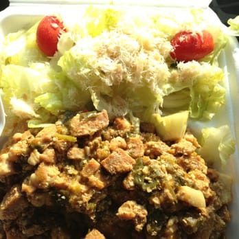 Wat Get Kitchen - Pastele with pastele stew on top. Bacalao salad so crisp and tangy. - Puerto Rican Near Me - Waipahu, Hawaii Wat Get Kitchen - Pastele with pastele stew on top. Bacalao salad so crisp and tangy. - Puerto Rican Near Me - Waipahu, Hawaii