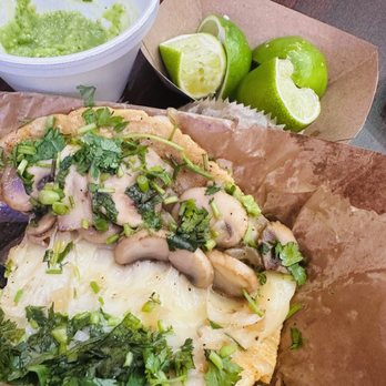 Mecres Mexican Food - The inside of my mushroom quesa-taco. Fresh mushrooms, tons of cheese, handmade tortillas, fresh salsa. - Mexican Near Me - Hesperia, California