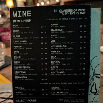 Postino South Lamar - Wine List   $6 until 5 PM $20 bottles after 8 PM - Wine Bars Near Me - Austin, Texas