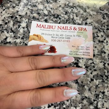 Malibu Nails Spa Marcel Center - Kim was my nail technician. She's very sweet. Just did a very messy job on my nails. See attached pictures. - Nail Salons Near Me - Conroe, Texas