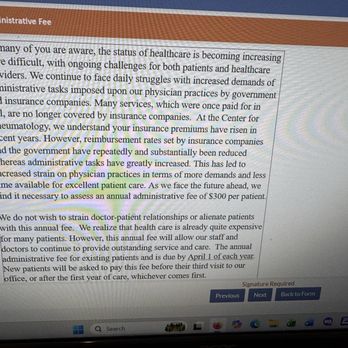 Rheumatology Associates - Screenshot of document a patient must sign related to a yearly administrative fee if $300. - Rheumatologists Near Me - North Hollywood, California Rheumatology Associates - Screenshot of document a patient must sign related to a yearly administrative fee if $300. - Rheumatologists Near Me - North Hollywood, California