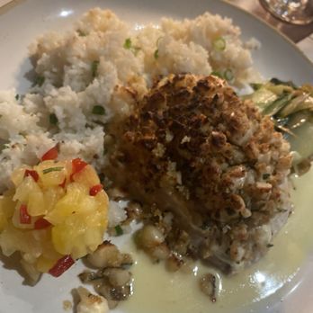 Monkeypod Kitchen - Macadamia Nut Crusted Mahi Mahi, Maui pineapple relish, scallion garlic rice, lemon beurre blanc - Tacos Near Me - Honolulu, Hawaii Monkeypod Kitchen - Macadamia Nut Crusted Mahi Mahi, Maui pineapple relish, scallion garlic rice, lemon beurre blanc - Tacos Near Me - Honolulu, Hawaii