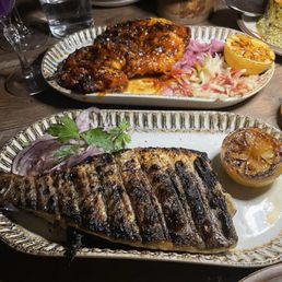 Branzino, chicken harissa