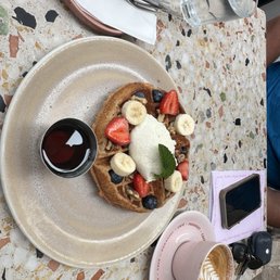 Protein waffle and cappuccino.