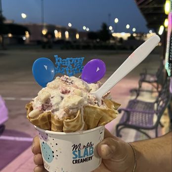 Marble Slab Creamery - Sweet cream ice cream w/ banana, strawberry, coconut, Nila  wafers and graham crackers in waffle cone - Ice Cream & Frozen Yogurt Near Me - Burleson, Texas