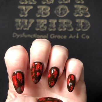 K & A Nails and Spa - Amazing black with red foil nails by Mai! - Nail Salons Near Me - Palm Harbor, Florida