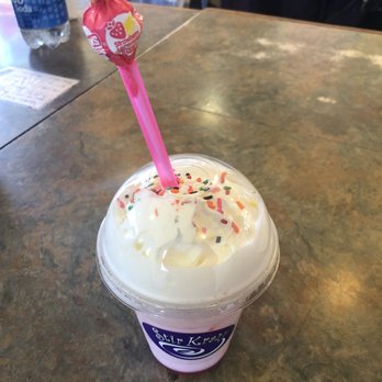 Stir Krazy Coffee Company - Watermelon sprinter with cream and whip. Sprinkles on top and a blow pop in the straw! Super cute - Coffee & Tea Near Me - Lacey, Washington