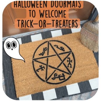 Damn Good Doormats - devils trap Halloween doormat on a striped rug with ghost emojis and a witches broom - Home Decor Near Me Damn Good Doormats - devils trap Halloween doormat on a striped rug with ghost emojis and a witches broom - Home Decor Near Me