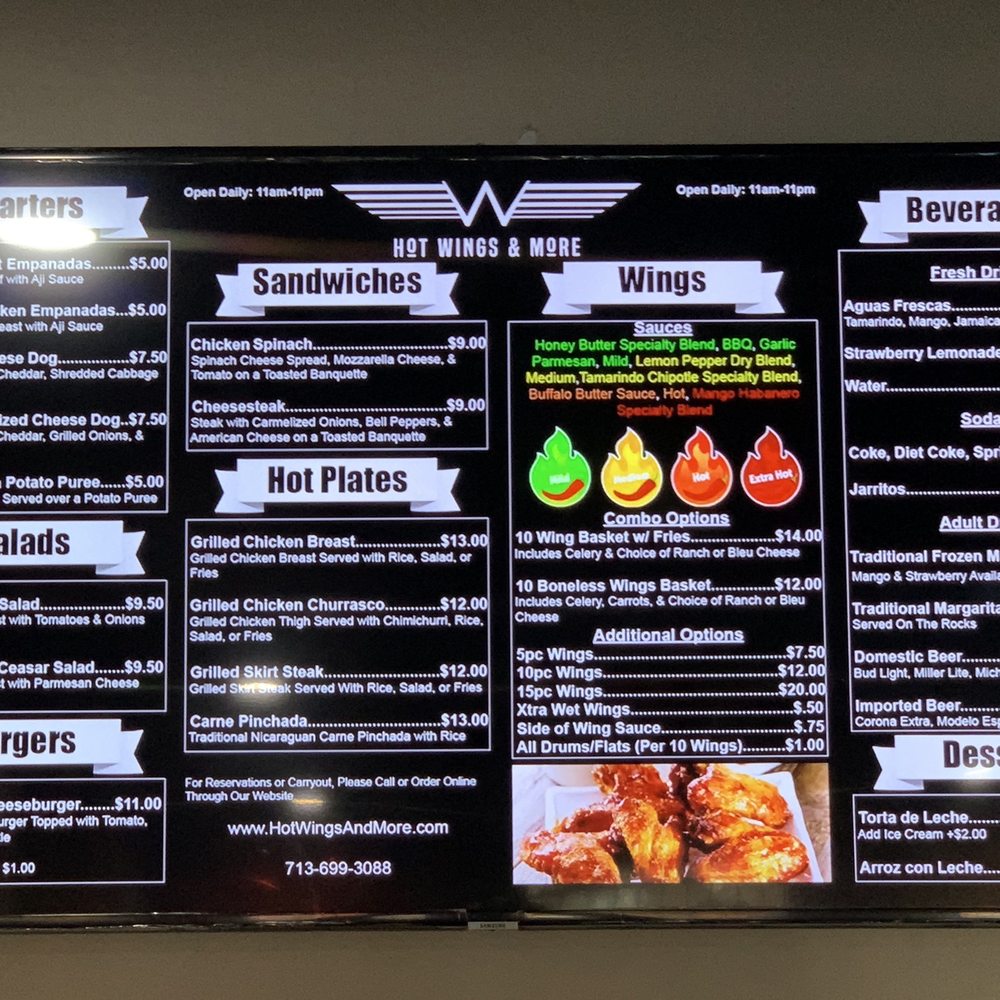 Hot Wings & More - a menu on the wall - Chicken Wings Near Me - Houston, Texas Hot Wings & More - a menu on the wall - Chicken Wings Near Me - Houston, Texas