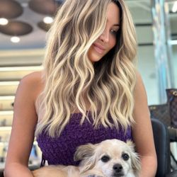 Kaan Hair Design  Miami - Base/ grey coverage, blonde balayage & cut. Chemical and styling products by Davines